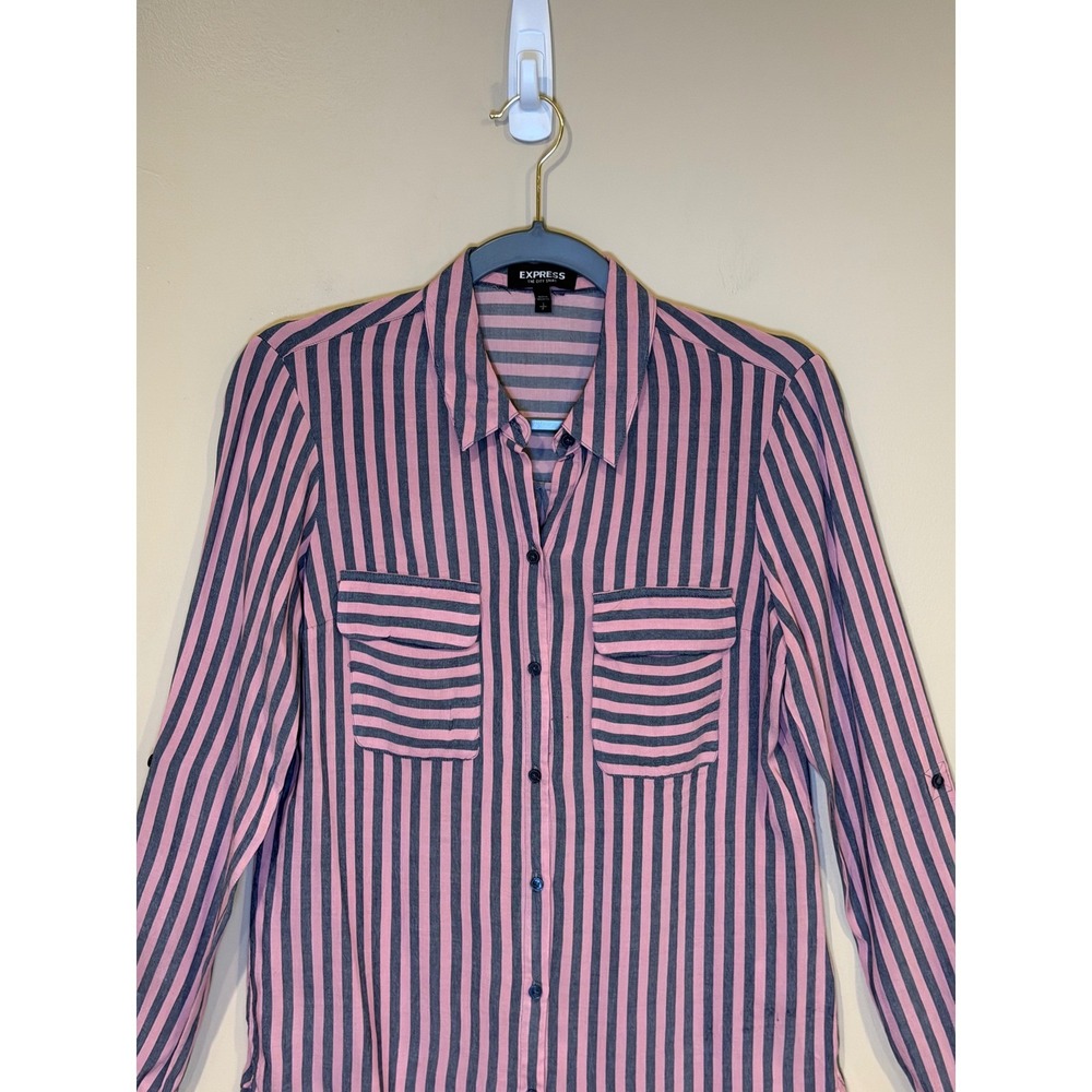 Express Womens Pink Navy Blue Striped Small Button Down Top Office Work Casual - Picture 4 of 6